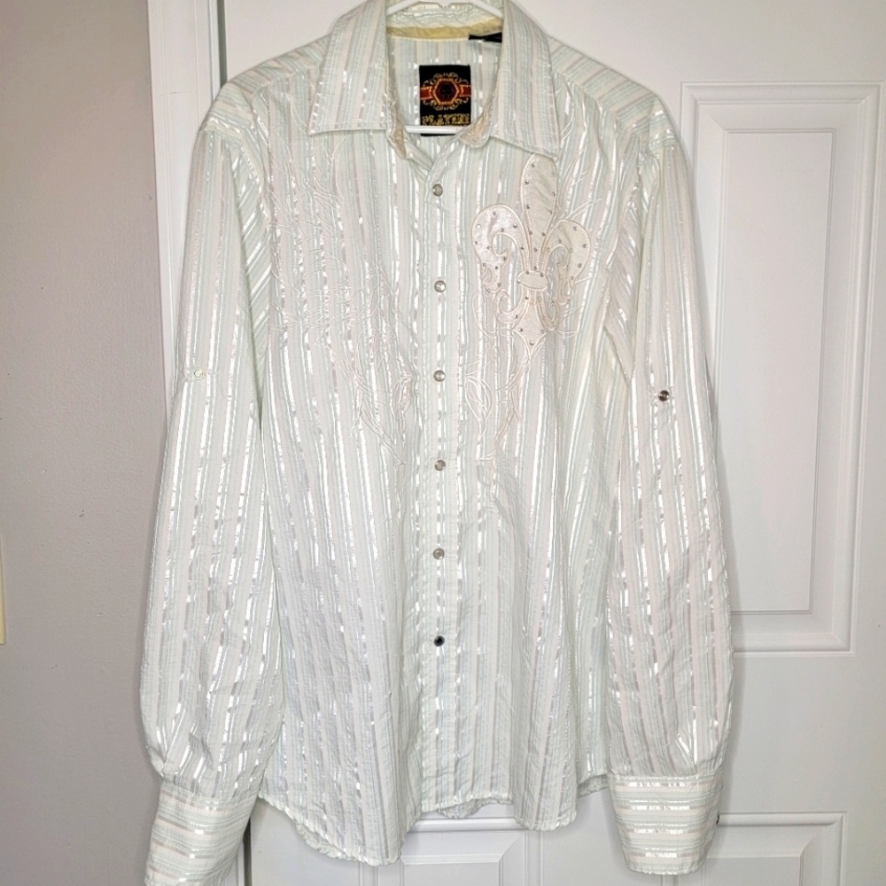 Platini Jeans Cougar Mens Western Pearl Snap Stripes Fleur De Lis Shiny XL